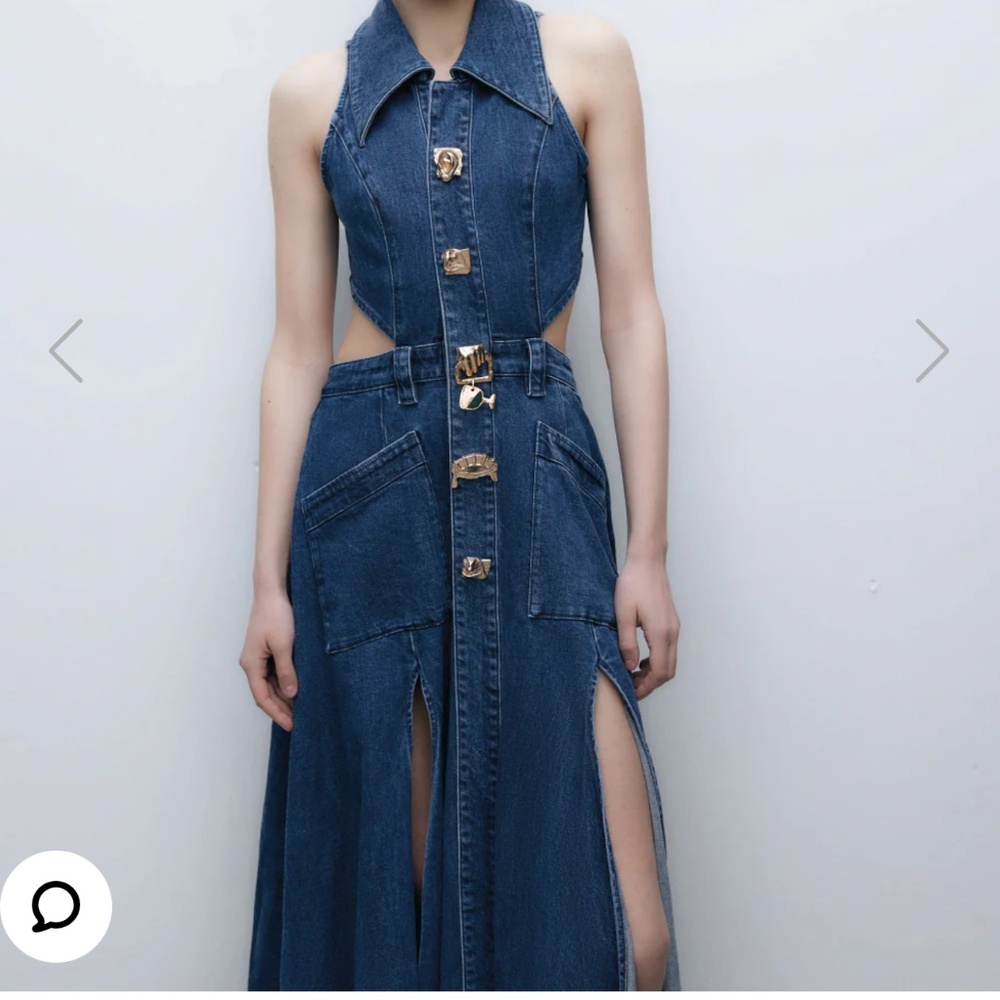 Sleeveless Blue Denim Cutout Maxi Dress with Front Slits - Picture 2 of 5